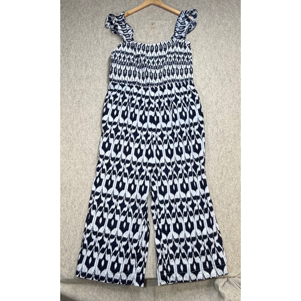 LOFT Beach Jumpsuit Women XL Petite Blue White Ikat Boho Coastal Summer Wide Leg